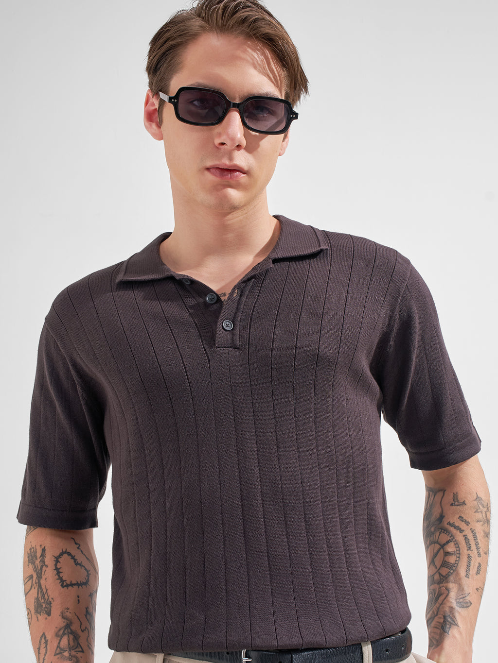 Highlander Men Brown Self Design Polo Collar  T-Shirt