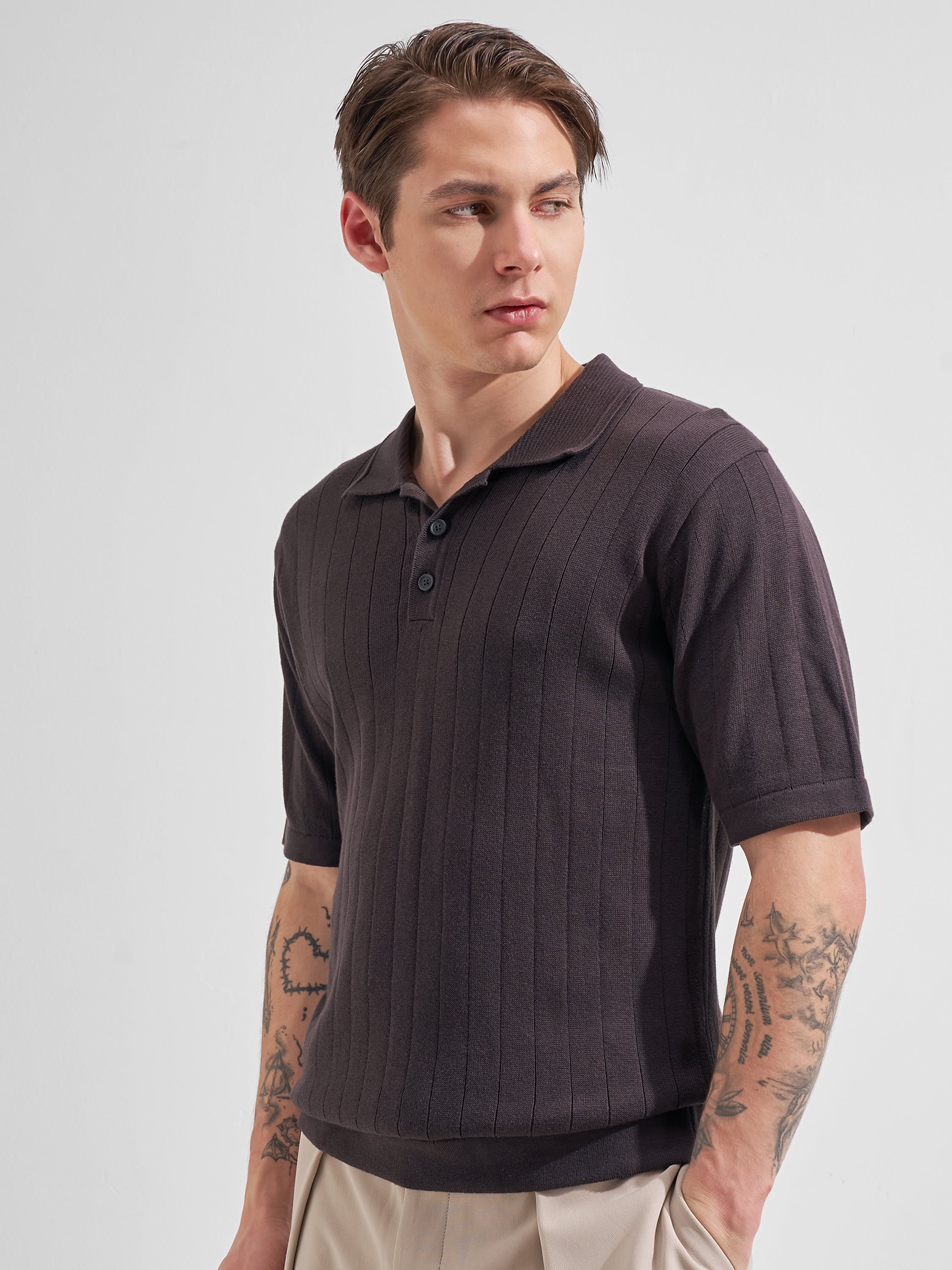 Highlander Men Brown Self Design Polo Collar  T-Shirt