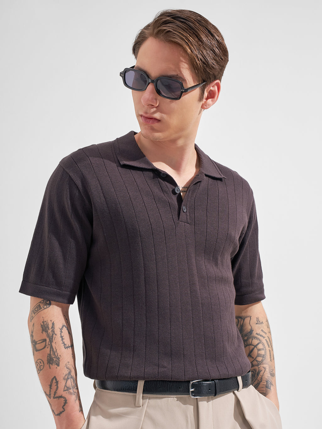Highlander Men Brown Self Design Polo Collar  T-Shirt