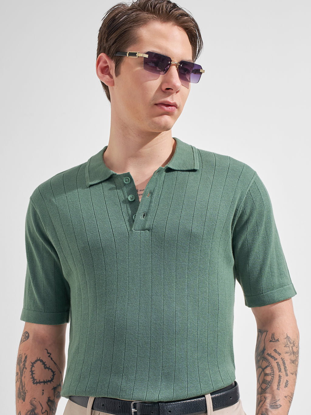 Highlander Men Green Self Design Polo Collar  T-Shirt