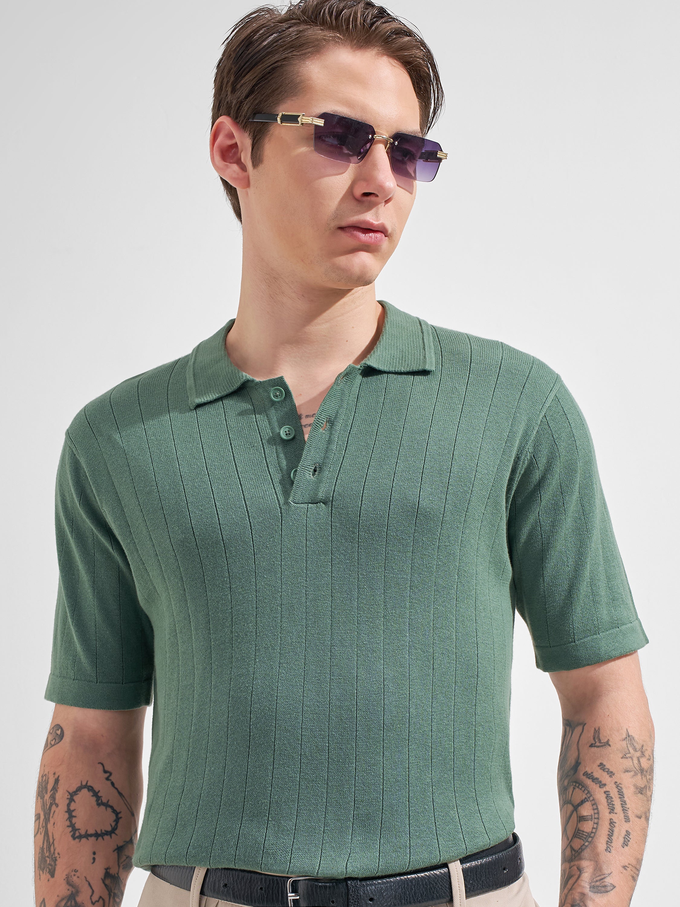Highlander Men Green Self Design Polo Collar  T-Shirt