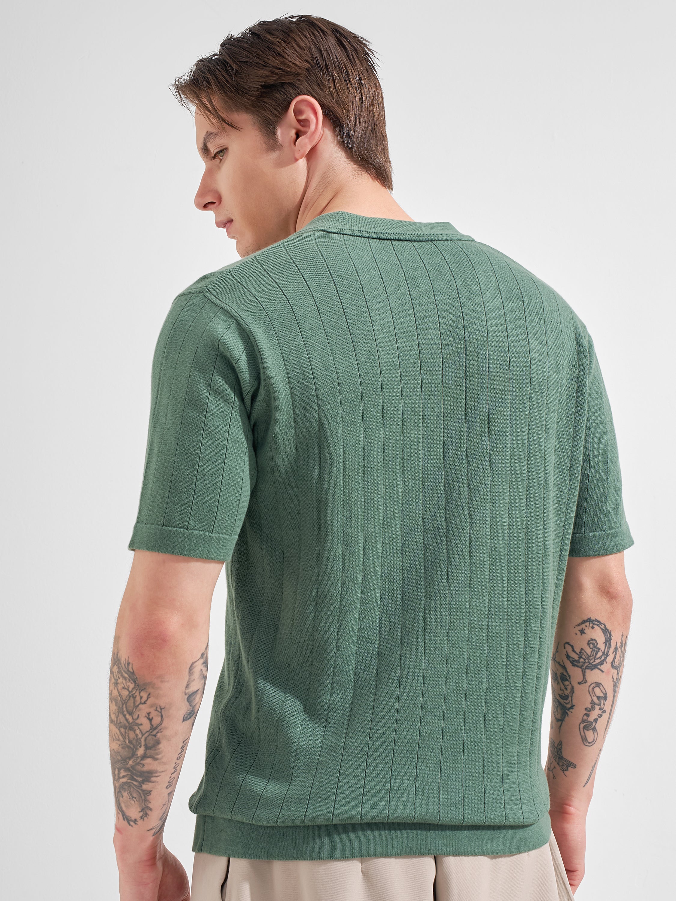 Highlander Men Green Self Design Polo Collar  T-Shirt