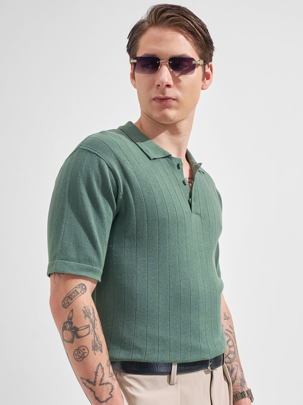 Highlander Men Green Self Design Polo Collar  T-Shirt