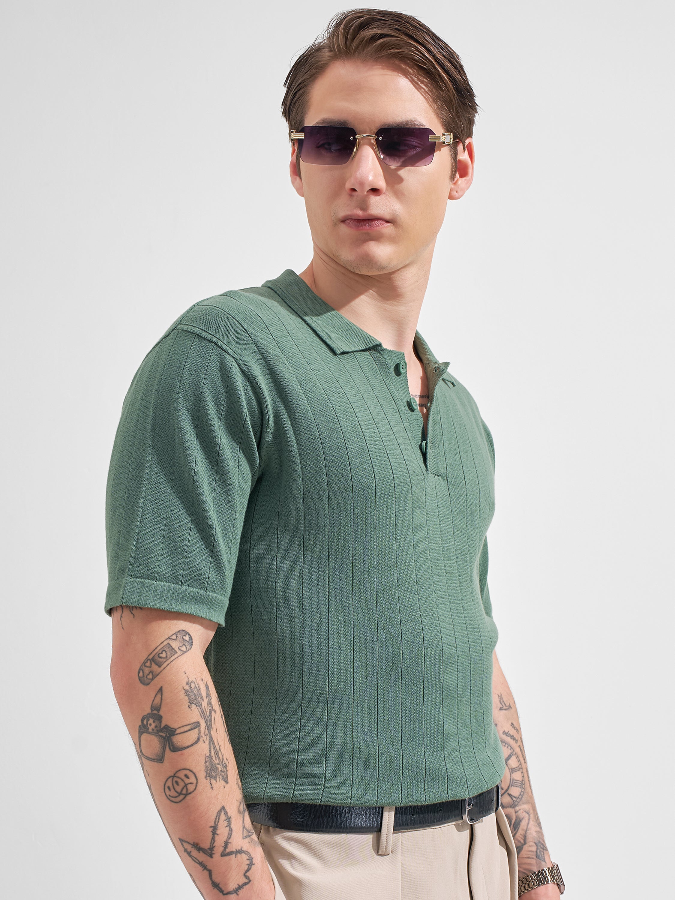 Highlander Men Green Self Design Polo Collar  T-Shirt