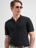 Highlander Men Black Self Design Polo Collar  T-Shirt