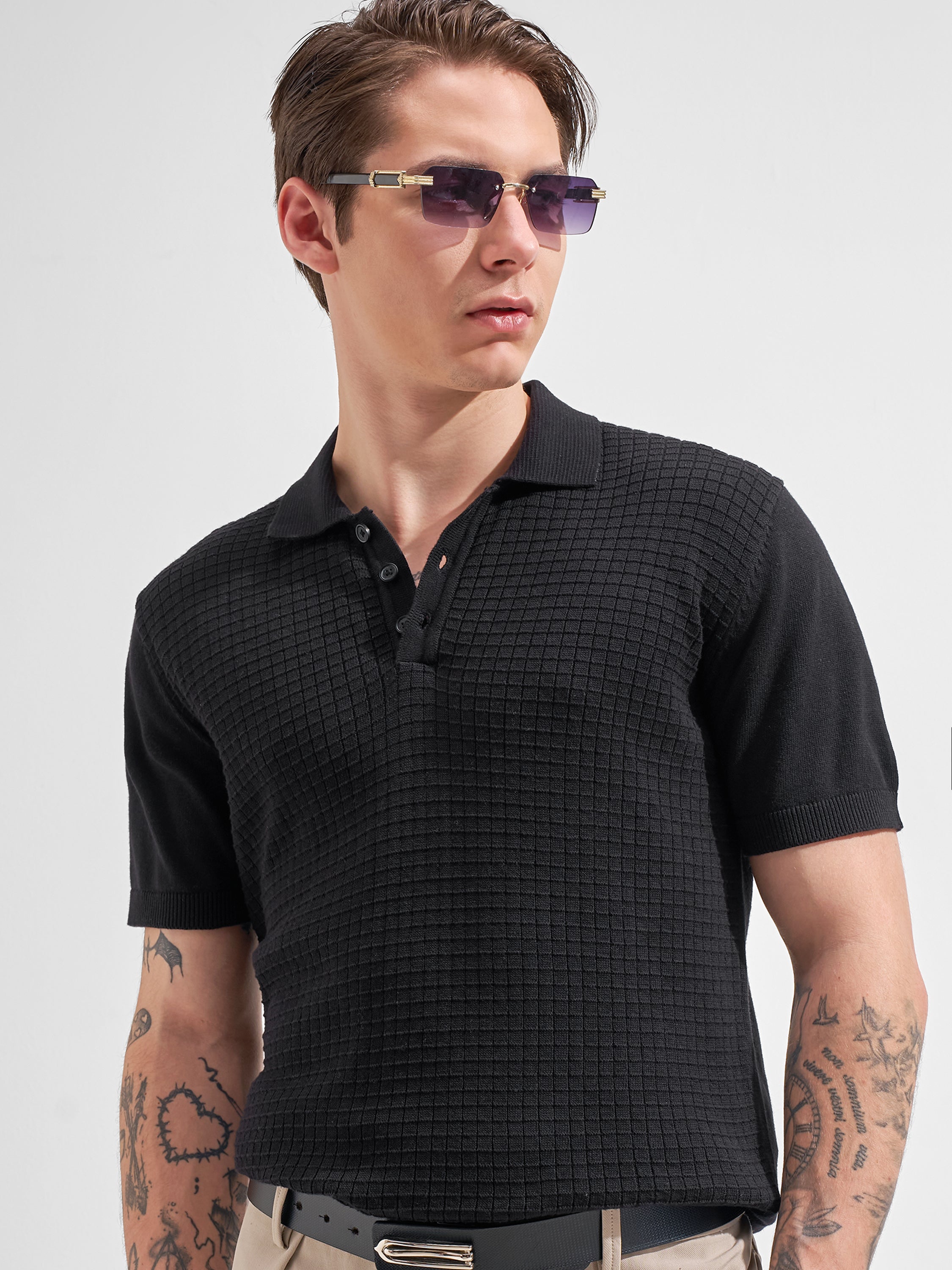 Highlander Men Black Self Design Polo Collar  T-Shirt