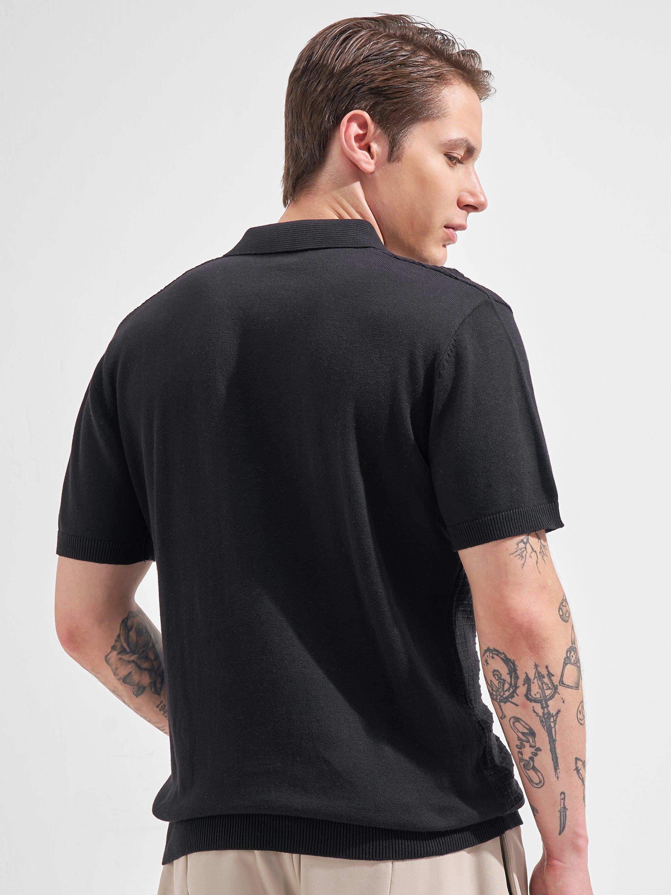 Highlander Men Black Self Design Polo Collar  T-Shirt
