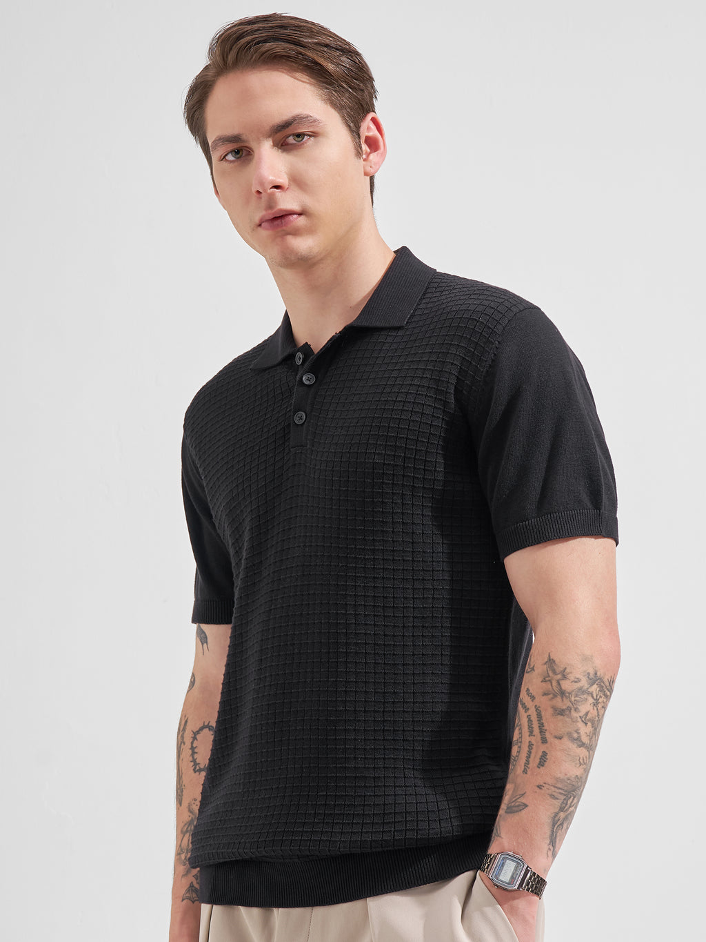 Highlander Men Black Self Design Polo Collar  T-Shirt