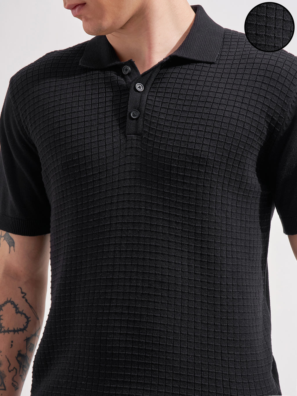 Highlander Men Black Self Design Polo Collar  T-Shirt