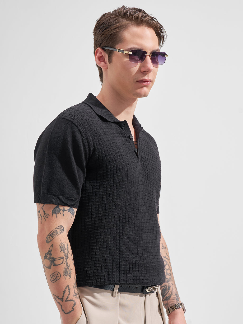 Highlander Men Black Self Design Polo Collar  T-Shirt