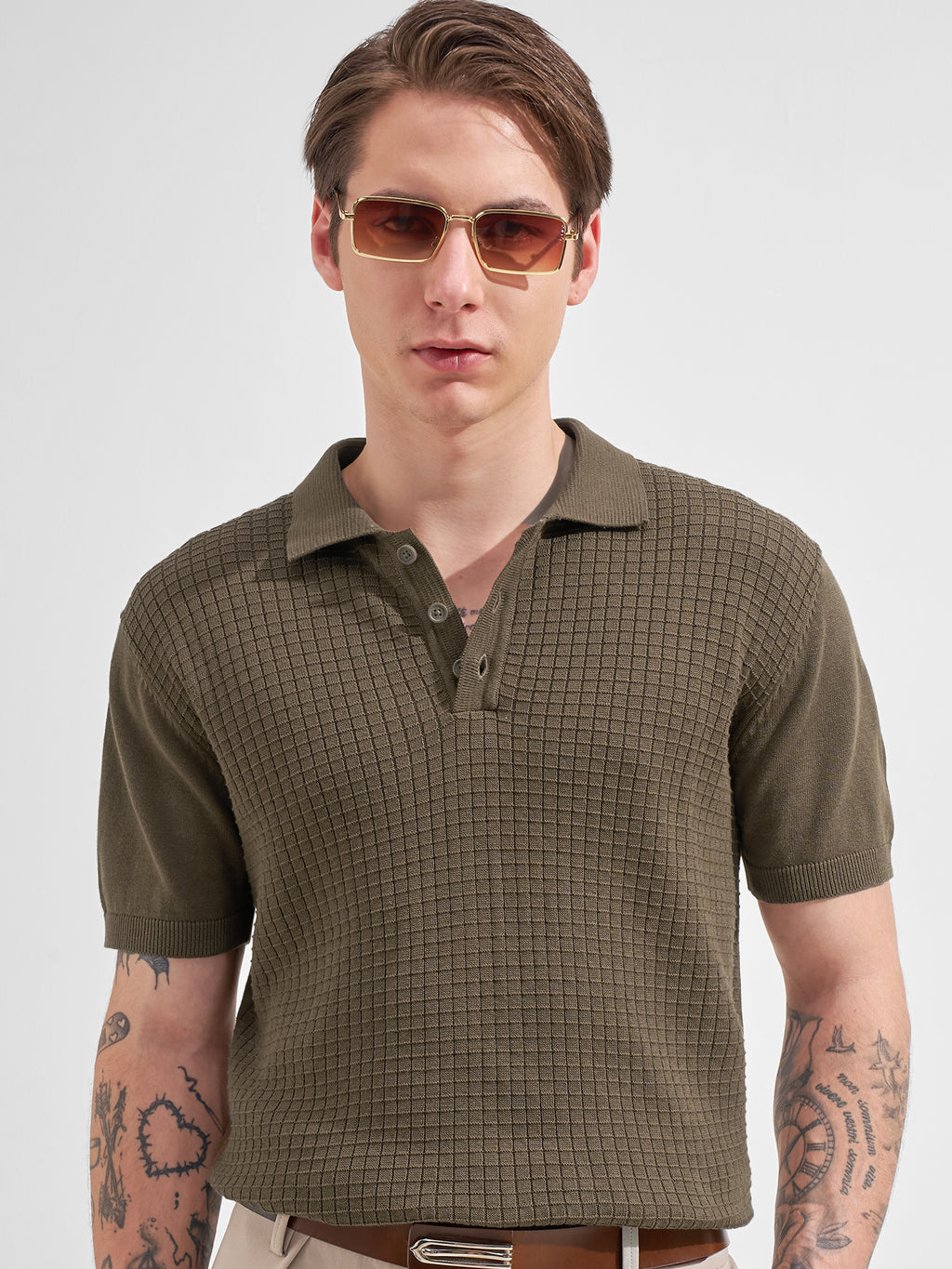 Highlander Men Olive Self Design Polo Collar  T-Shirt