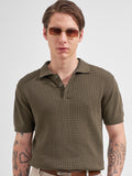 Highlander Men Olive Self Design Polo Collar  T-Shirt