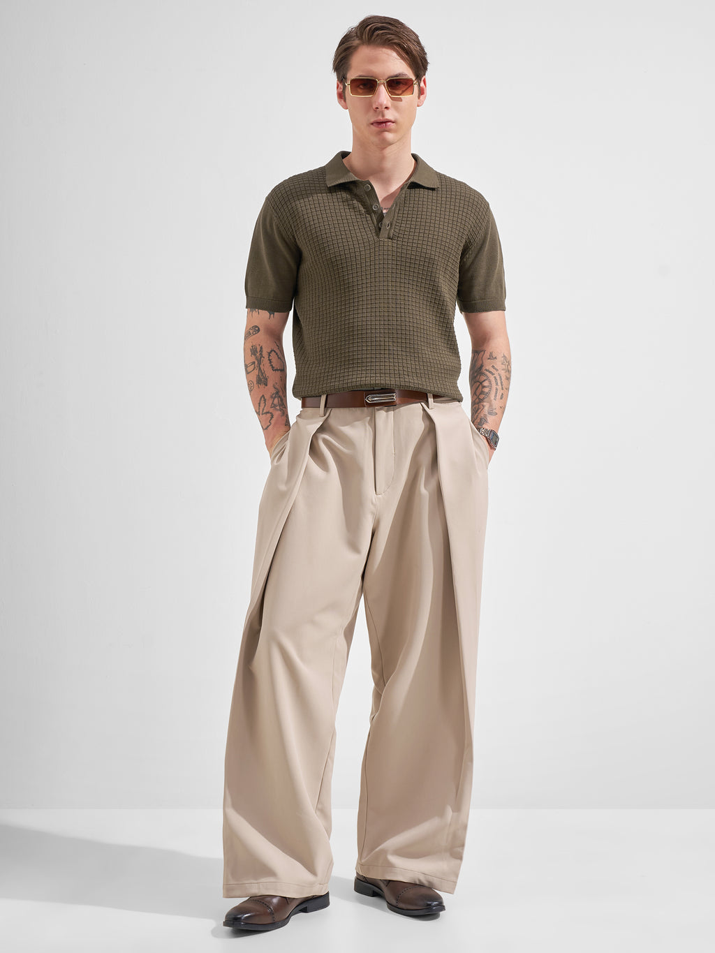 Highlander Men Olive Self Design Polo Collar  T-Shirt
