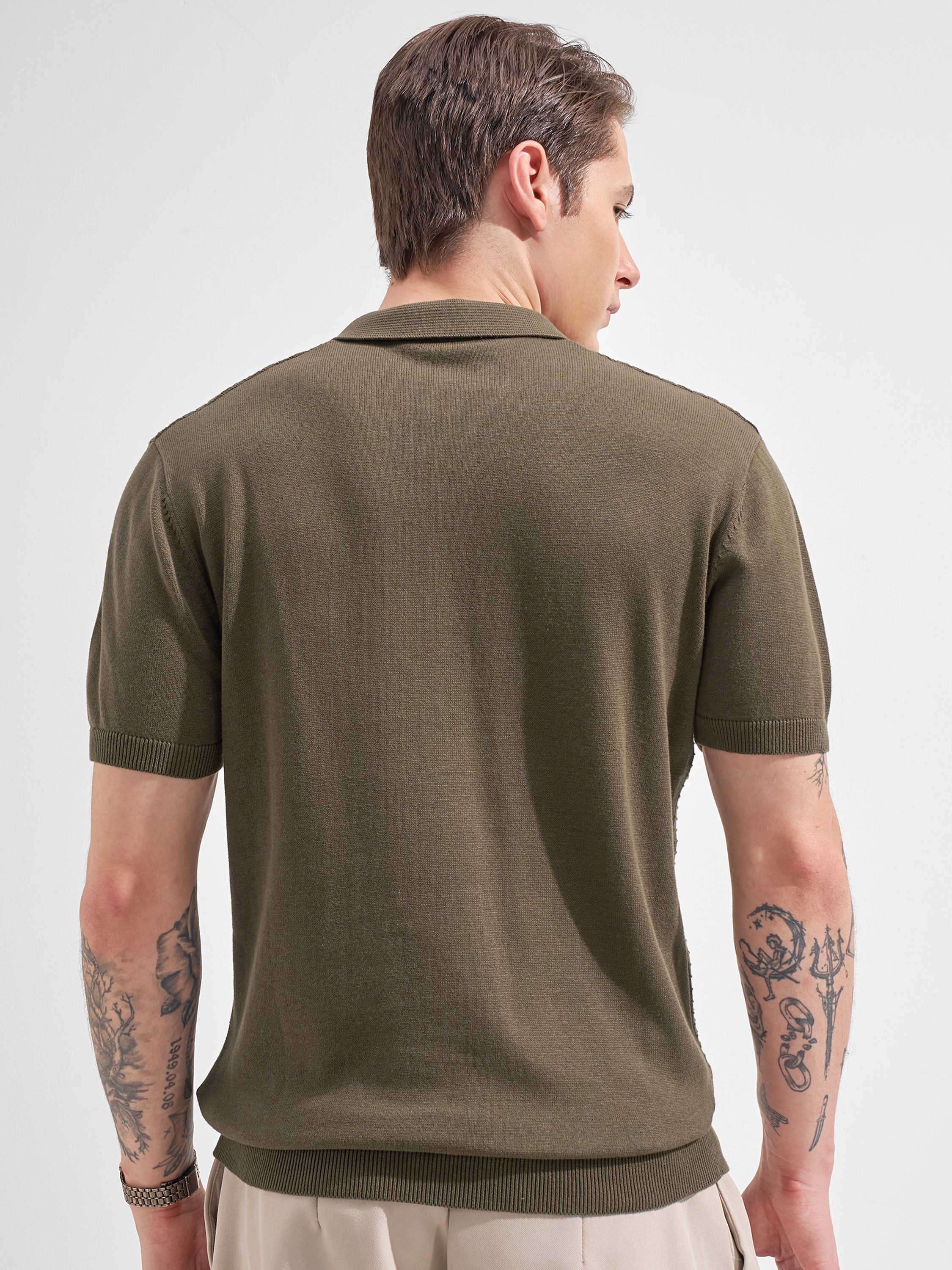 Highlander Men Olive Self Design Polo Collar  T-Shirt
