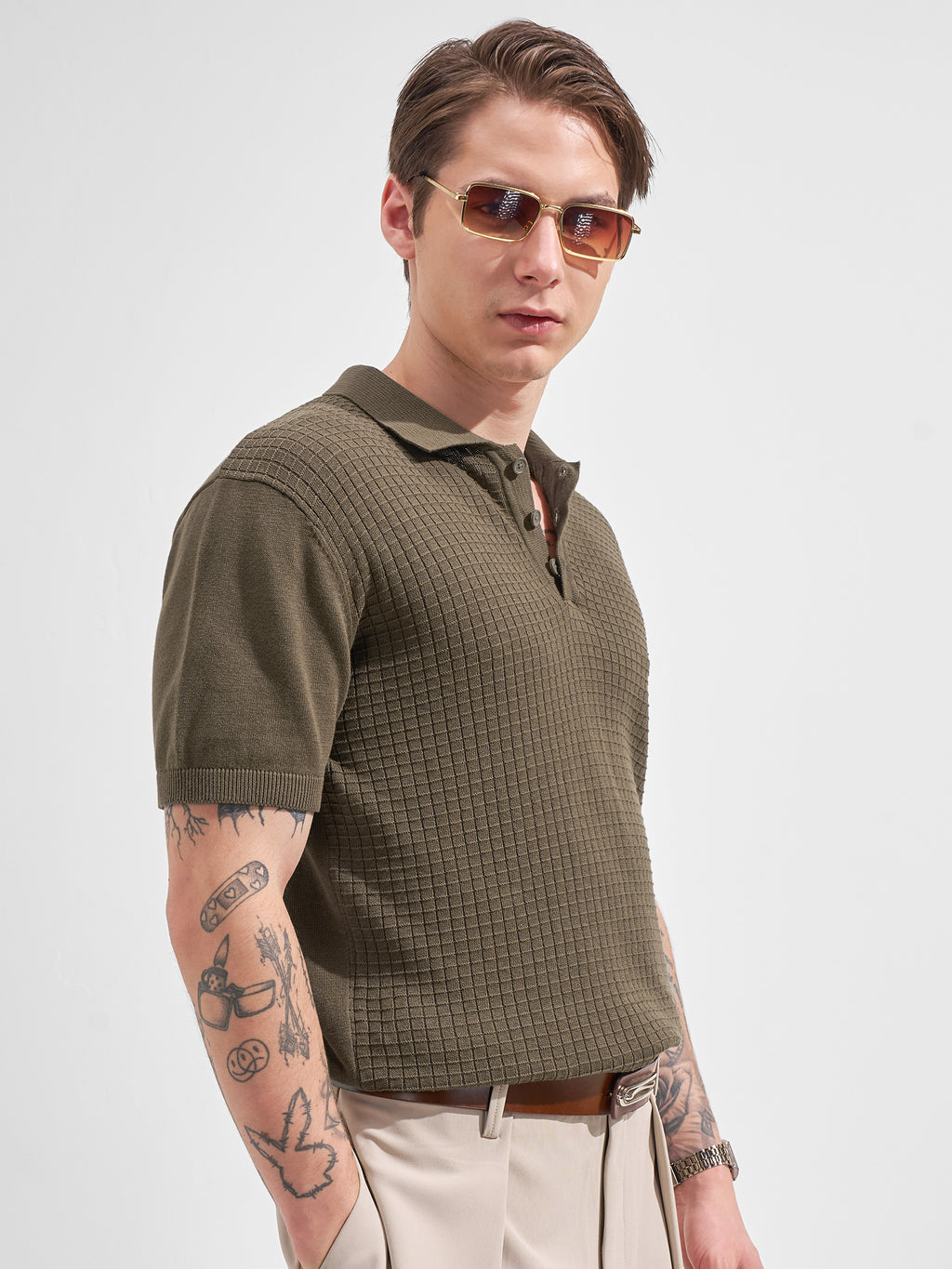 Highlander Men Olive Self Design Polo Collar  T-Shirt
