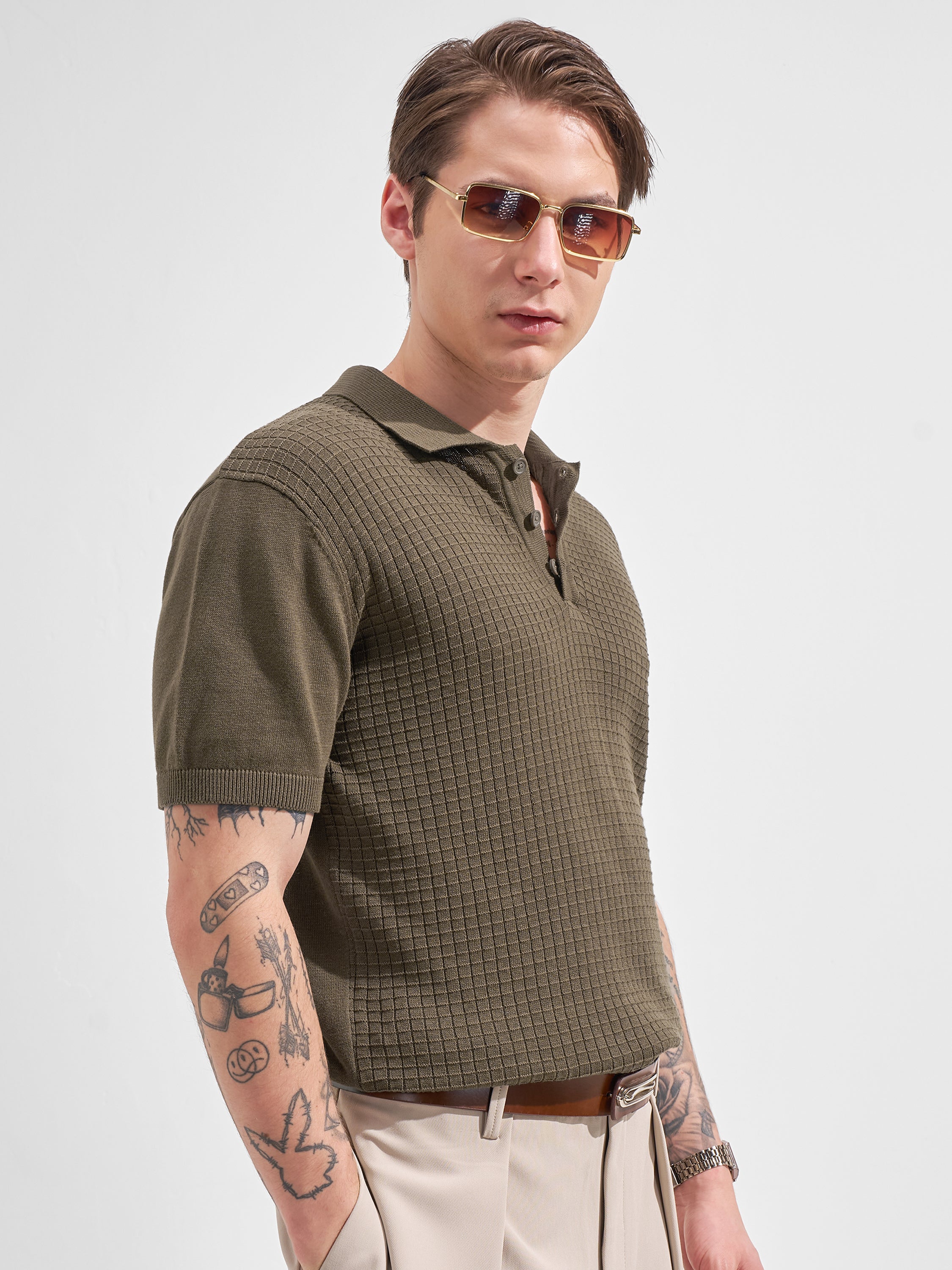 Highlander Men Olive Self Design Polo Collar  T-Shirt
