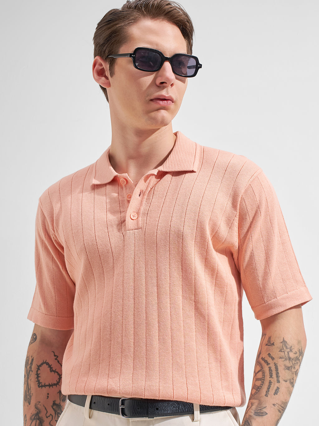 Highlander Men Pink Self Design Polo Collar  T-Shirt