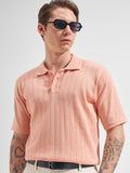 Highlander Men Pink Self Design Polo Collar  T-Shirt