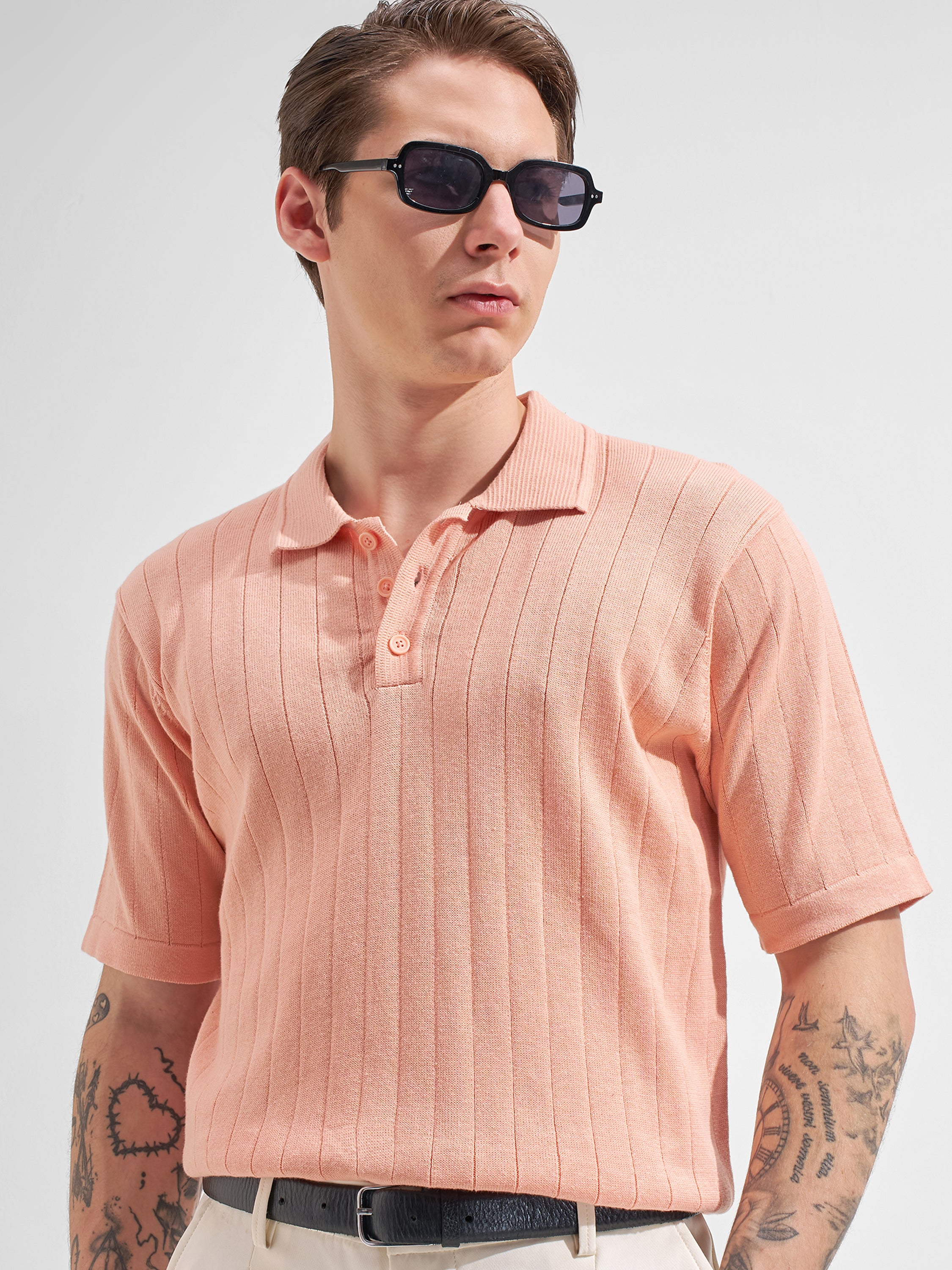 Highlander Men Pink Self Design Polo Collar  T-Shirt