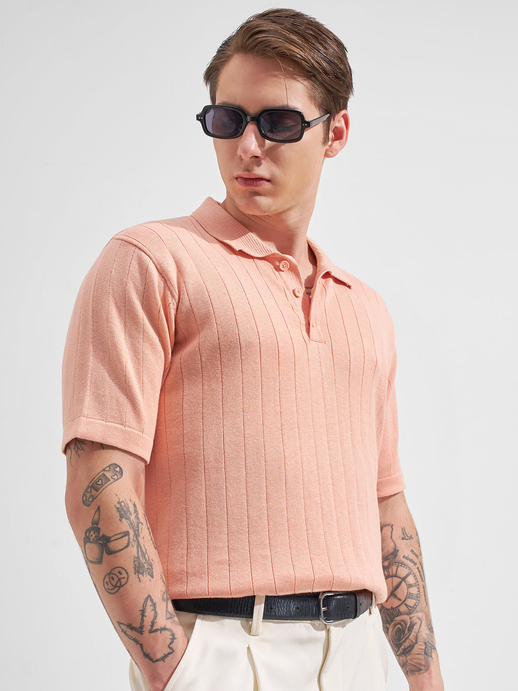 Highlander Men Pink Self Design Polo Collar  T-Shirt
