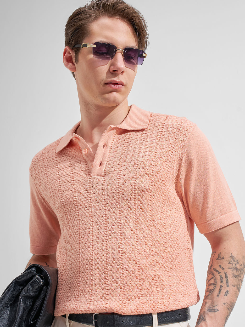 Highlander Men Pink Self Design Polo Collar  T-Shirt