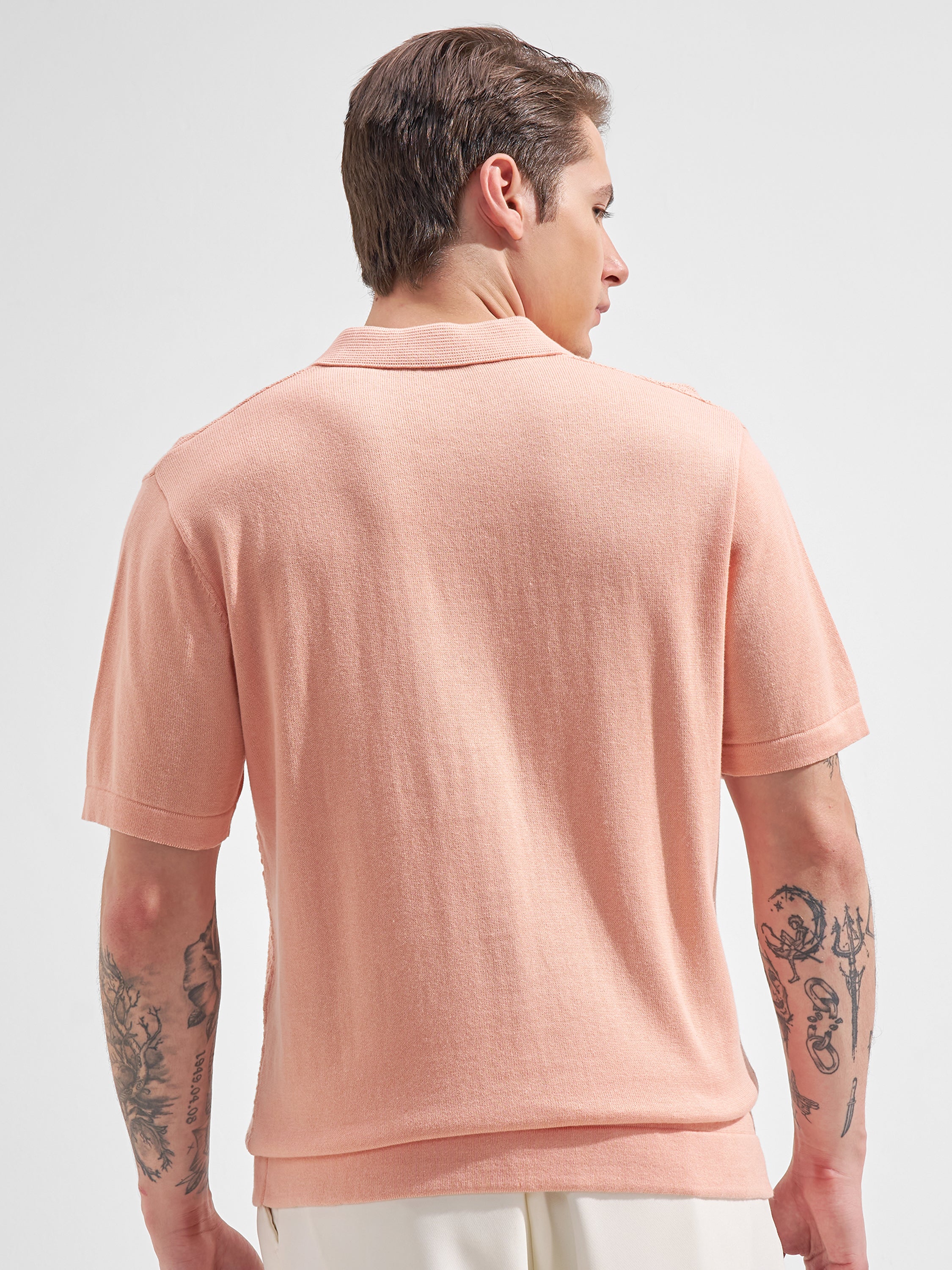 Highlander Men Pink Self Design Polo Collar  T-Shirt