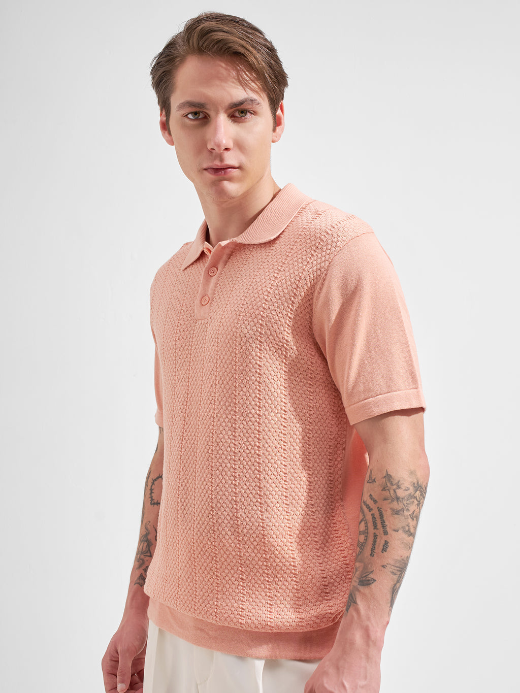 Highlander Men Pink Self Design Polo Collar  T-Shirt