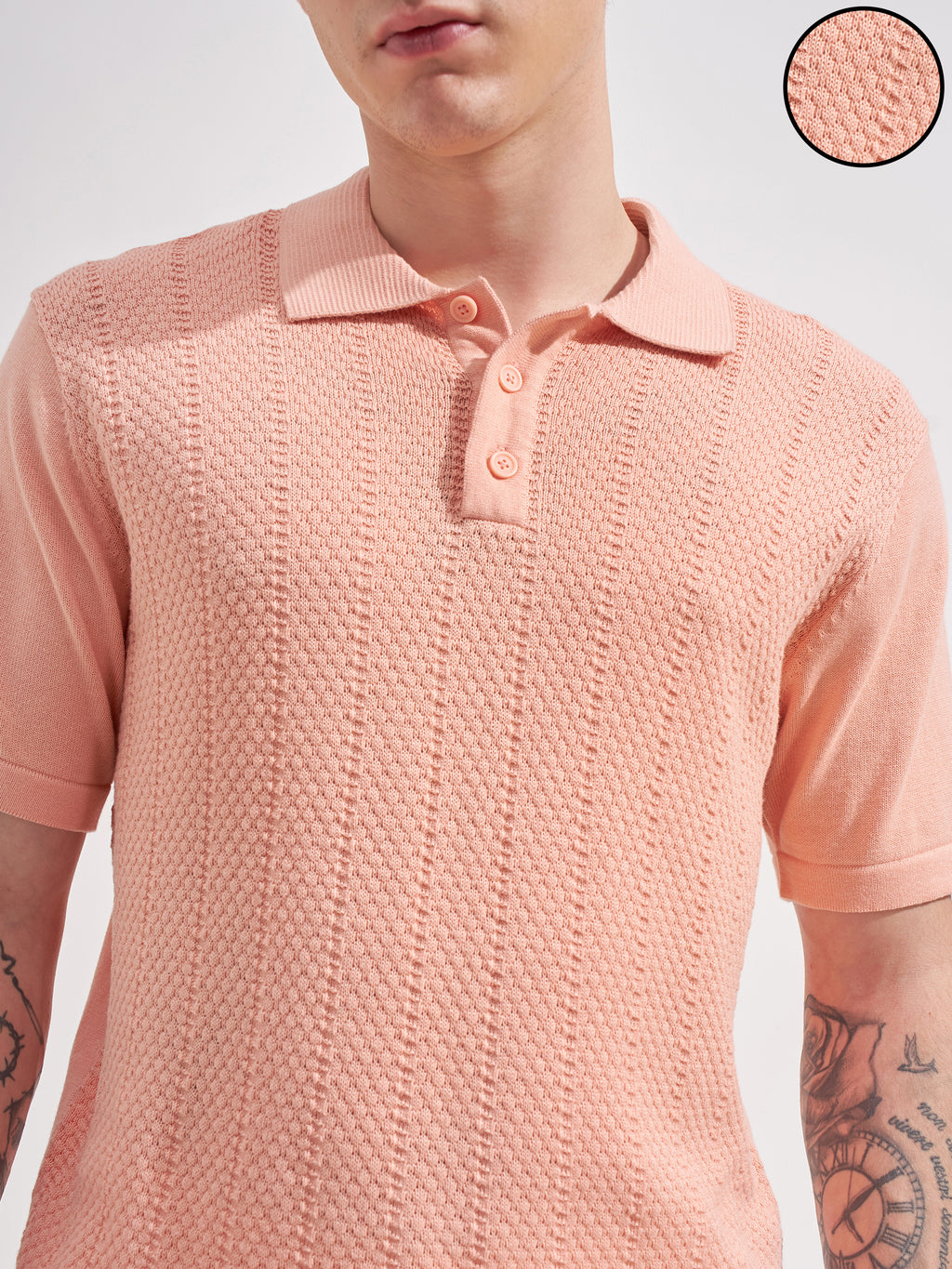 Highlander Men Pink Self Design Polo Collar  T-Shirt