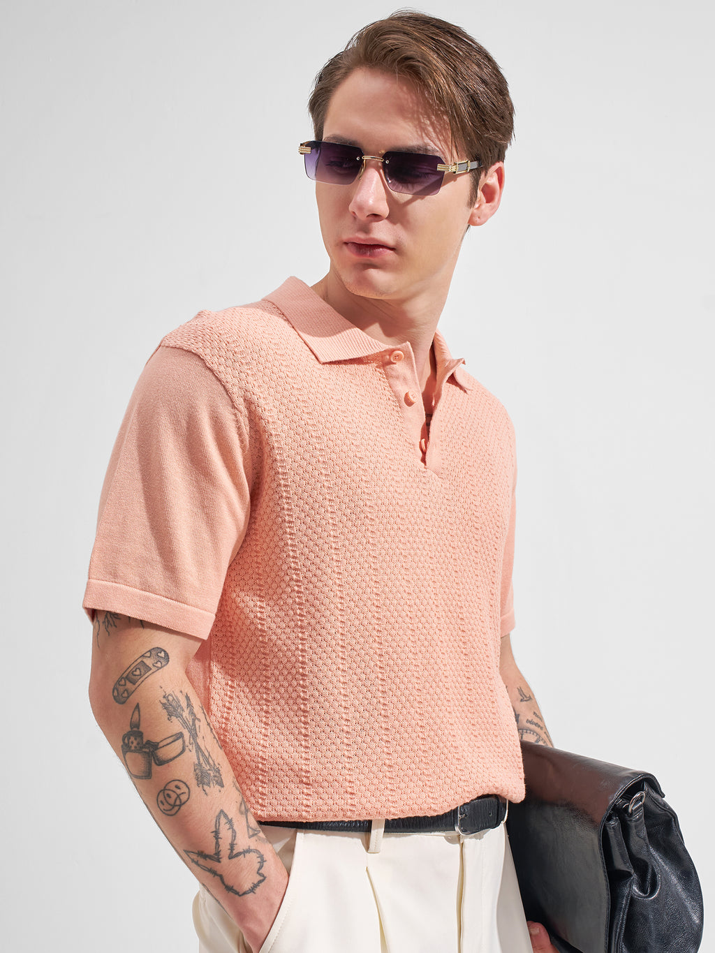 Highlander Men Pink Self Design Polo Collar  T-Shirt