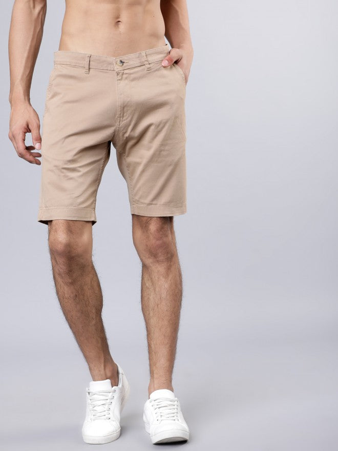 Khaki Solid Print Slim Fit Chino Shorts - Beige - Image 2