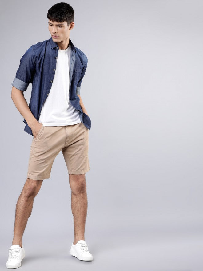 Khaki Solid Print Slim Fit Chino Shorts - Beige - Image 1