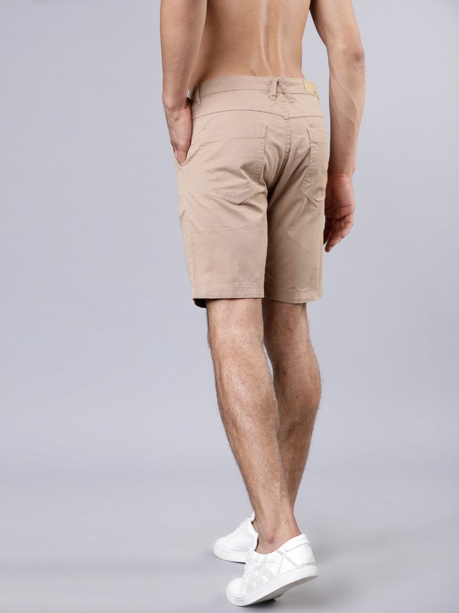 Khaki Solid Print Slim Fit Chino Shorts - Beige - Image 3