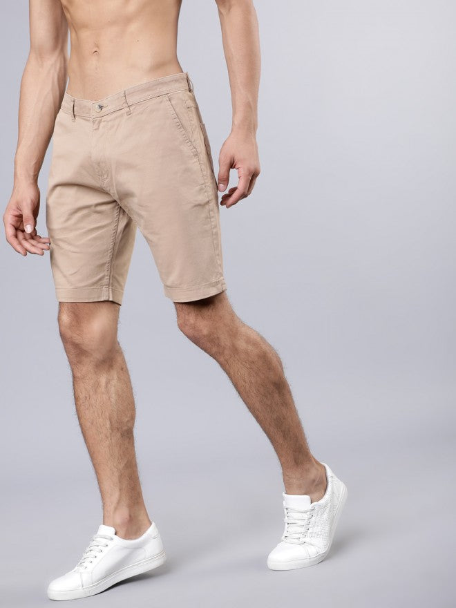 Khaki Solid Print Slim Fit Chino Shorts - Beige - Image 4