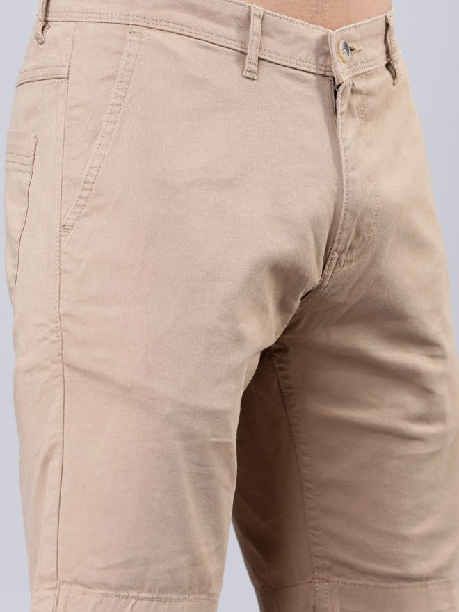Khaki Solid Print Slim Fit Chino Shorts - Beige - Image 5