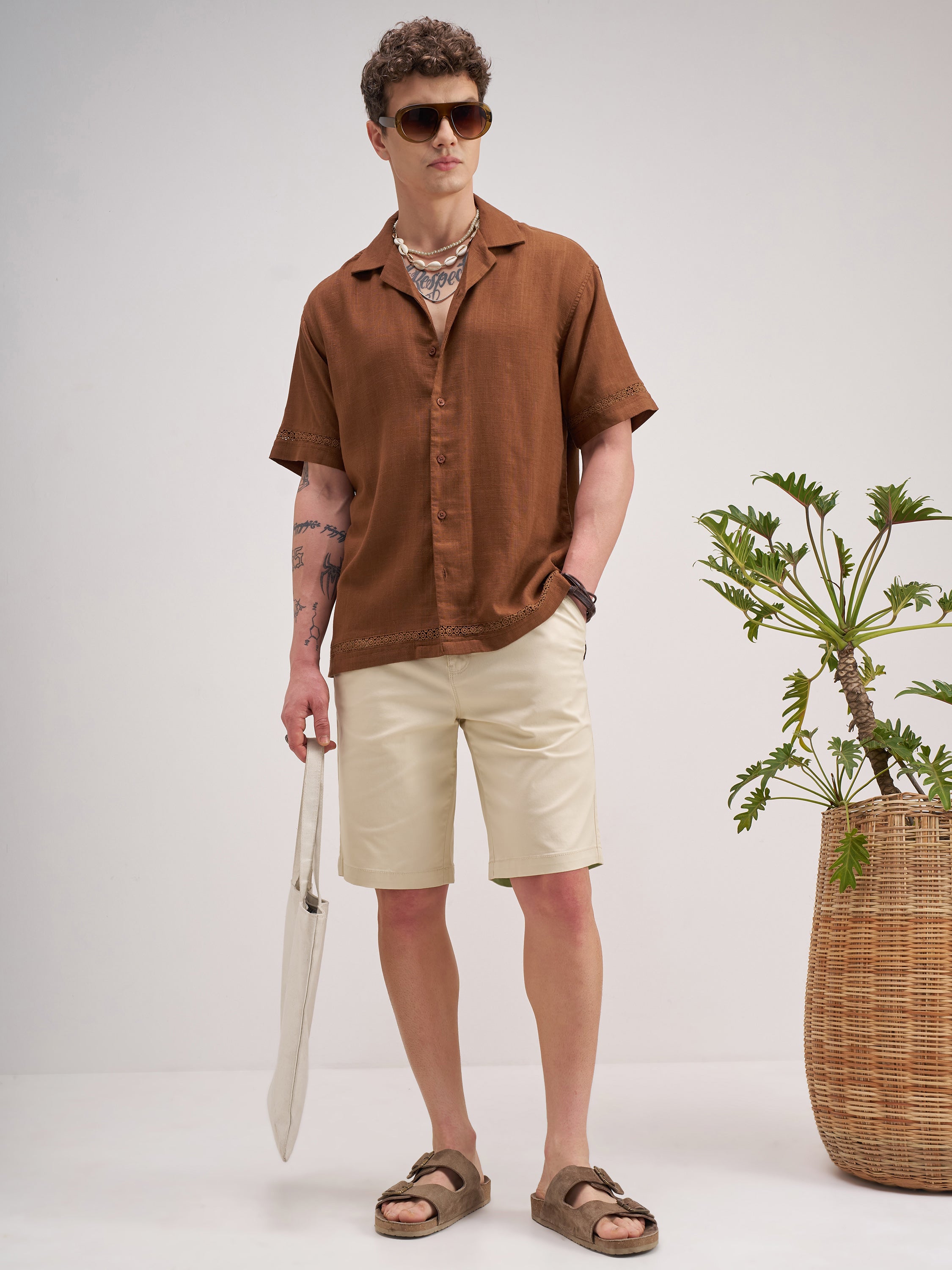 Highlander Men Cream Slim Fit Chino Shorts - Cream - Image 2