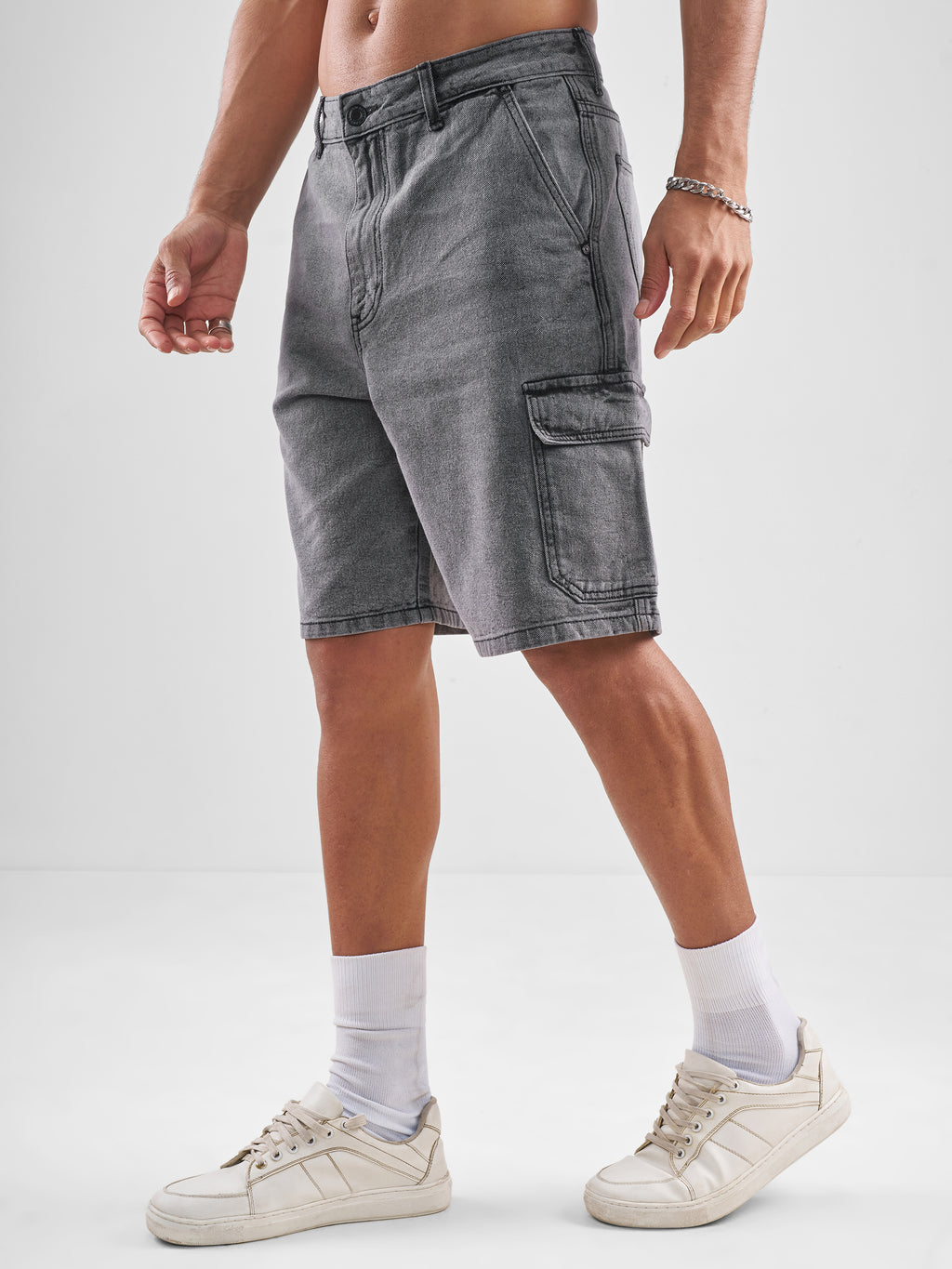 Highlander Men Grey Regular Fit Denim Shorts - Grey - Image 4