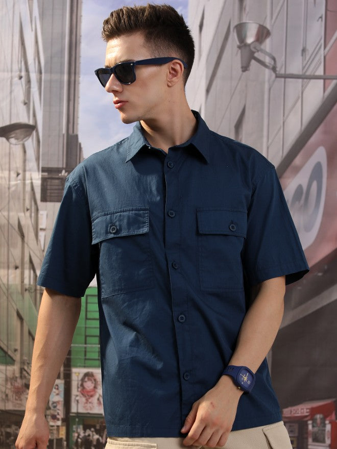 Highlander Men Blue Solid Oversized Fit Casual Shirt - Blue - Image 1