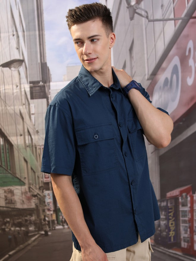 Highlander Men Blue Solid Oversized Fit Casual Shirt - Blue - Image 6