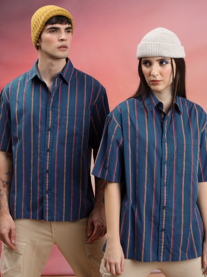 Highlander Unisex Blue Striped Oversized Fit Casual Shirt - Blue - Image 1