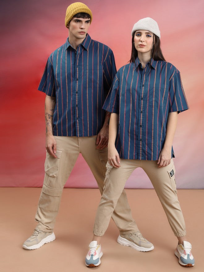 Highlander Unisex Blue Striped Oversized Fit Casual Shirt - Blue - Image 2