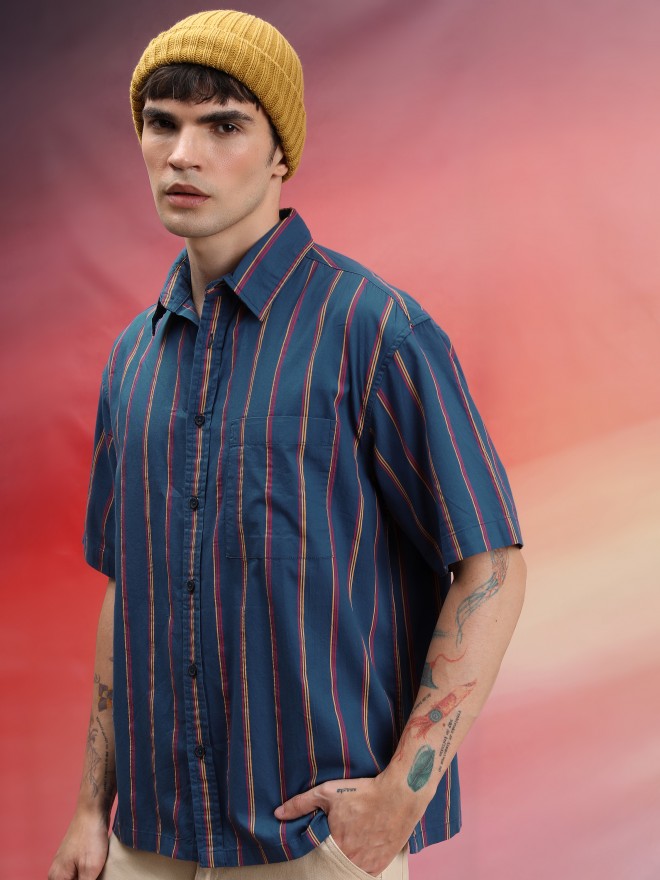 Highlander Unisex Blue Striped Oversized Fit Casual Shirt - Blue - Image 4