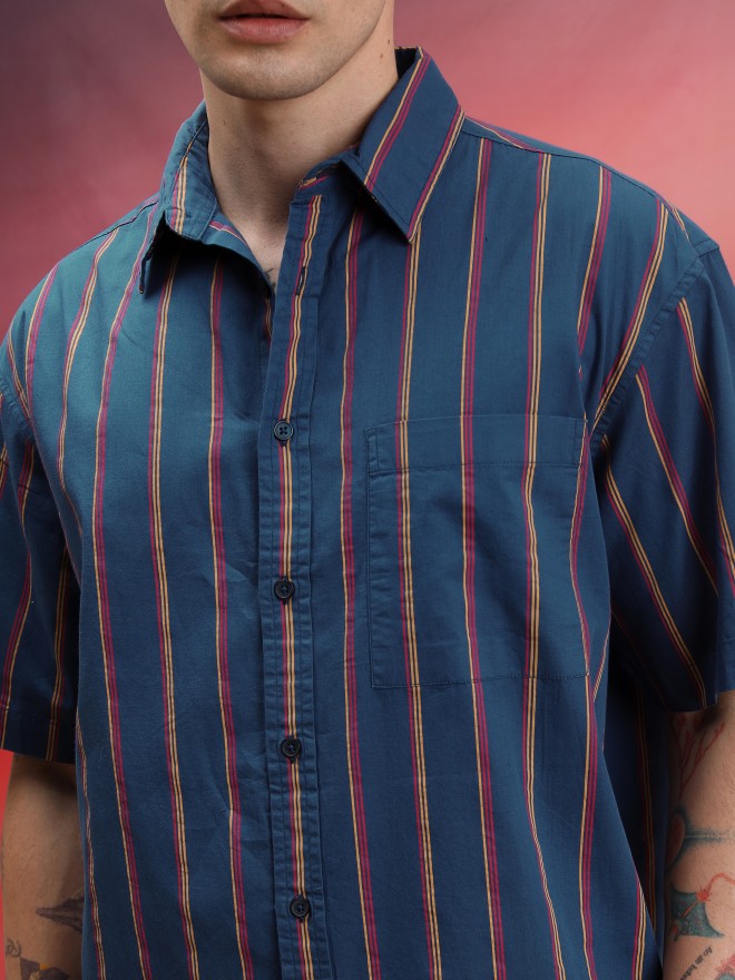 Highlander Unisex Blue Striped Oversized Fit Casual Shirt - Blue - Image 5