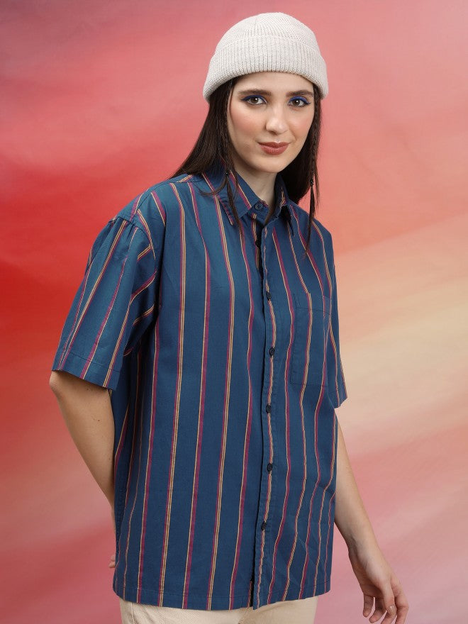Highlander Unisex Blue Striped Oversized Fit Casual Shirt - Blue - Image 6
