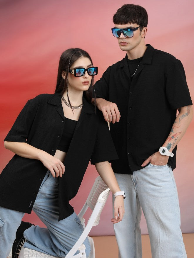 Highlander Unisex Black Solid Oversized Fit Casual Shirt - Black - Image 1