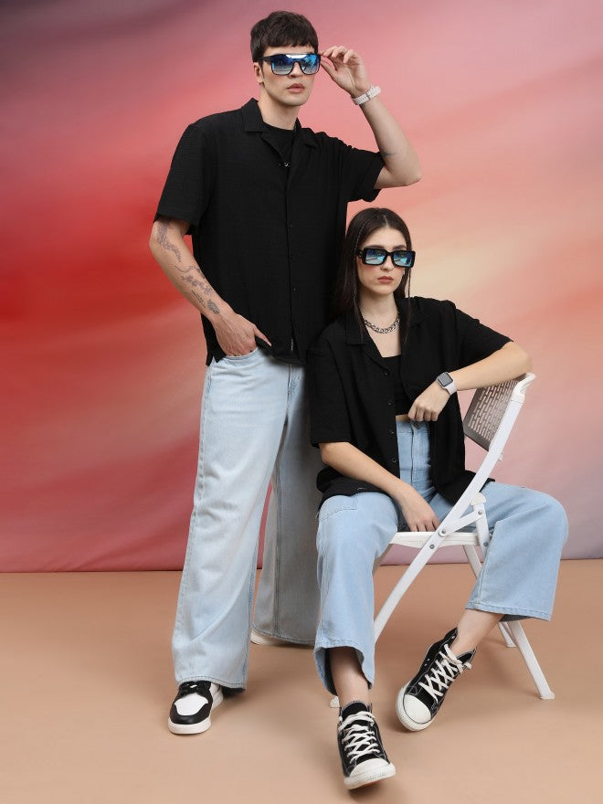 Highlander Unisex Black Solid Oversized Fit Casual Shirt - Black - Image 2
