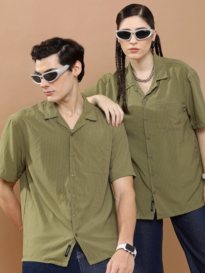 Highlander Unisex Olive Striped Oversized Fit Casual Shirt - Olive - Image 1