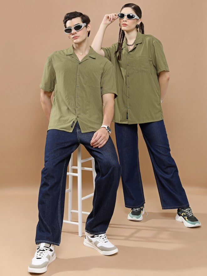 Highlander Unisex Olive Striped Oversized Fit Casual Shirt - Olive - Image 2