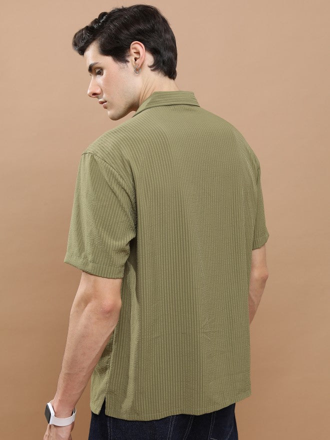 Highlander Unisex Olive Striped Oversized Fit Casual Shirt - Olive - Image 3