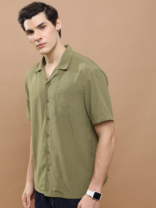 Highlander Unisex Olive Striped Oversized Fit Casual Shirt - Olive - Image 4