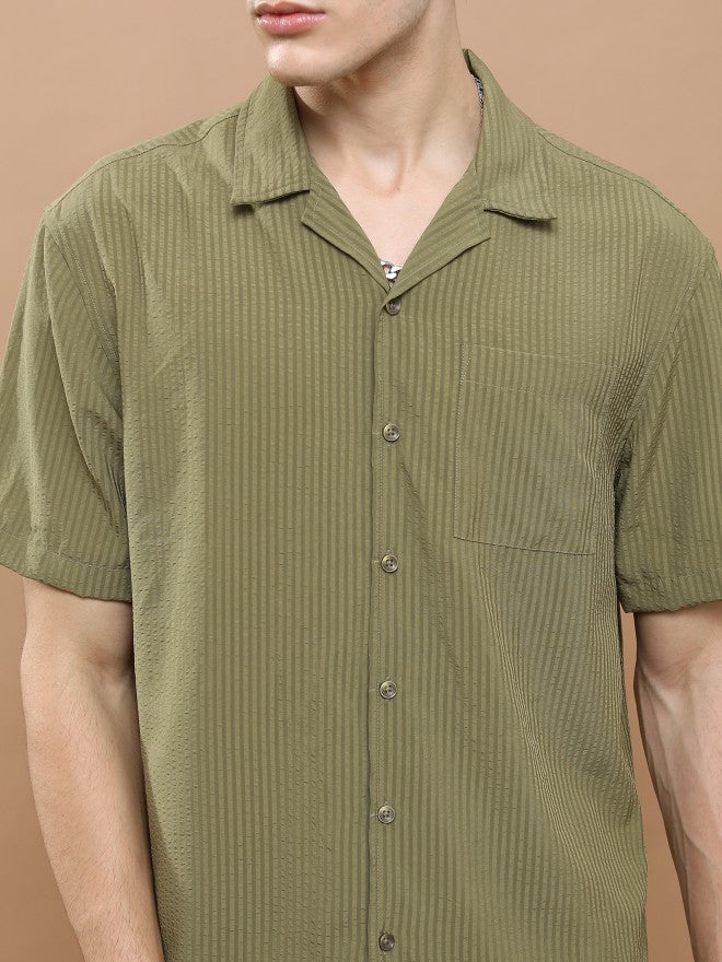 Highlander Unisex Olive Striped Oversized Fit Casual Shirt - Olive - Image 5
